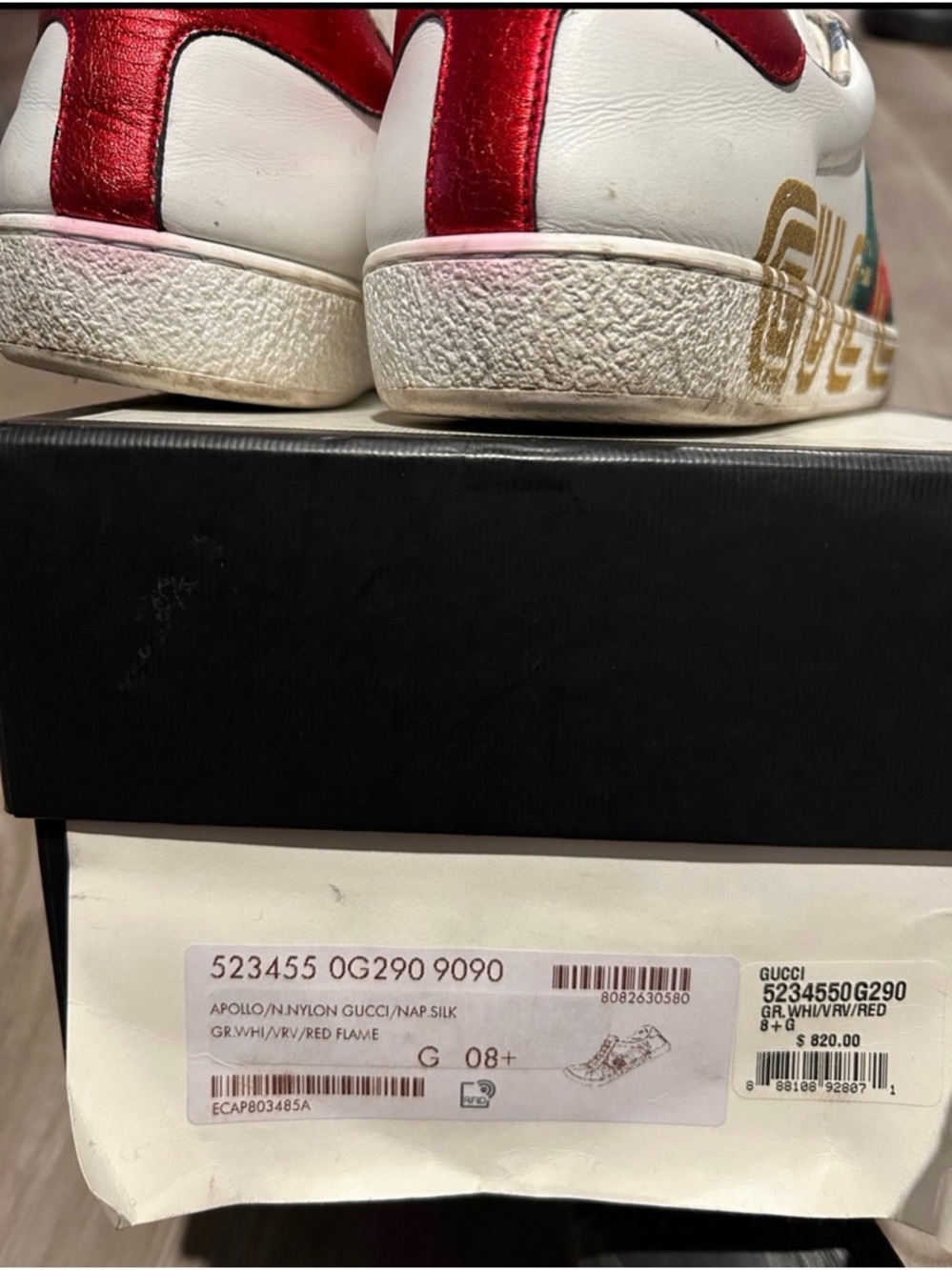 Gucci White Leather Sneakers with Red & Green Stripe and Gold Logo - Picture 9 of 11